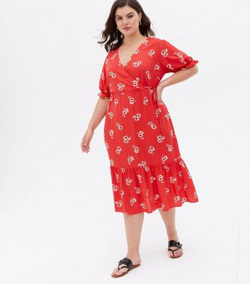 Curves Red Floral Tiered Midi Wrap ...